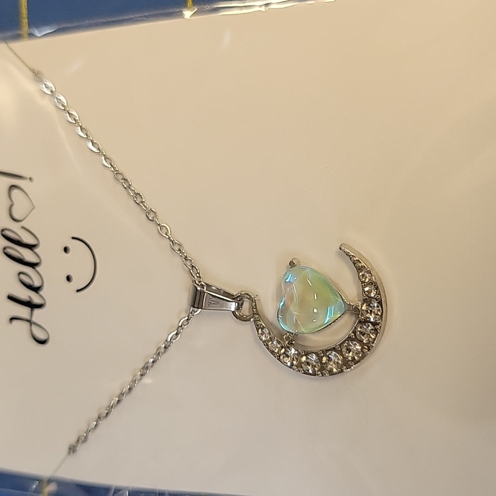 Silver Tone Moon & Heart Pendant 18" + 2" Extension Necklace
